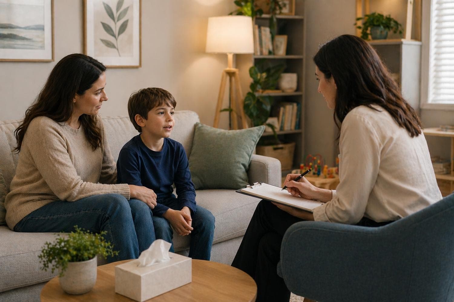 Parent Child Counseling Building Stronger Mother, father, and child sitting together with a professional counselor.