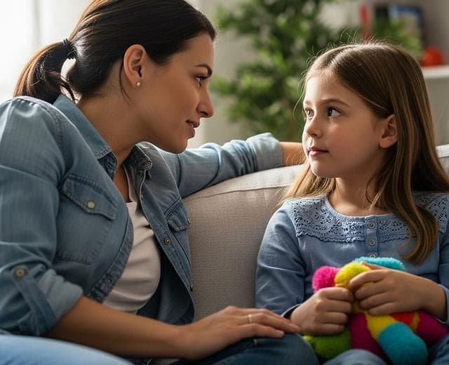 Parent sitting at the child's level and listening attentively. Parent Child Relationship Counselling Supporting Healthy Family Bonds 