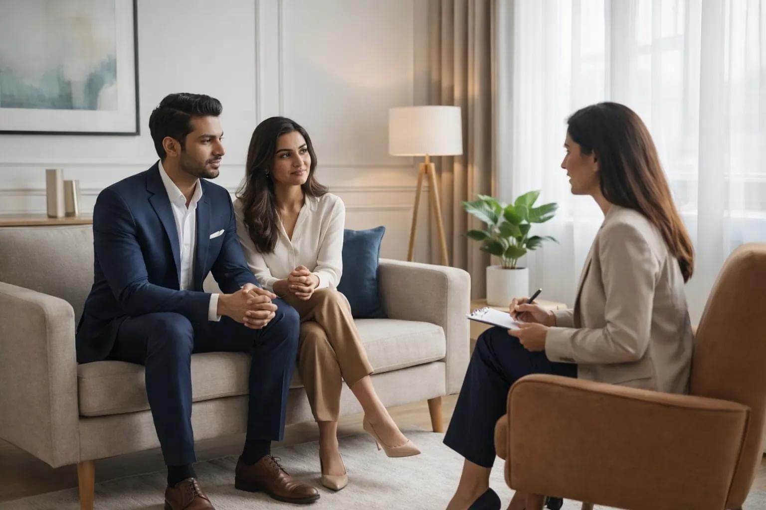 Husband and wife sitting with a professional relationship counselor in a warm counseling room. Marriage Counseling Indian