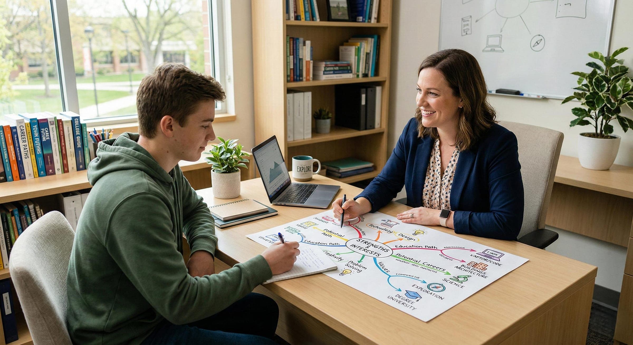 Community Counseling for Teacher and Student  Counselor and student completing an interest or strengths exercise together using a notebook or tablet.