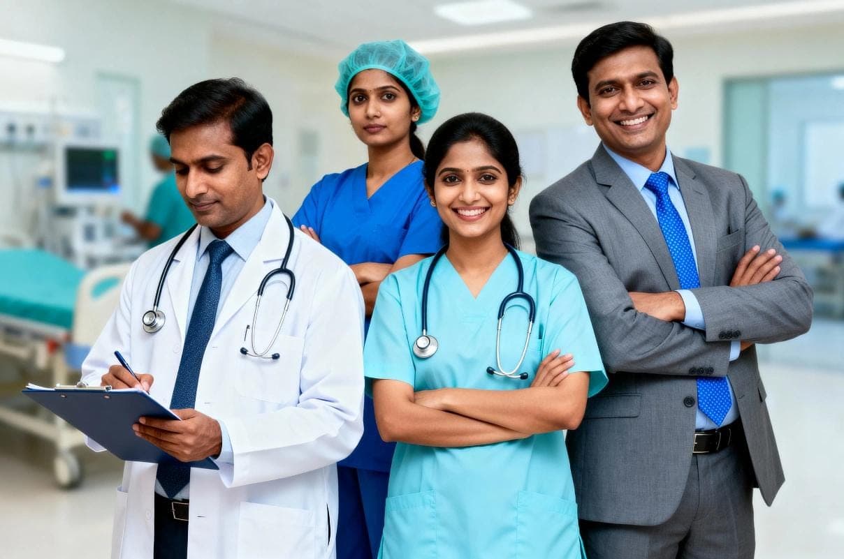doctors wellness program, A diverse Indian healthcare team including doctors, nurses, and hospital staff standing together in a modern hospital, looking confident and supportive.