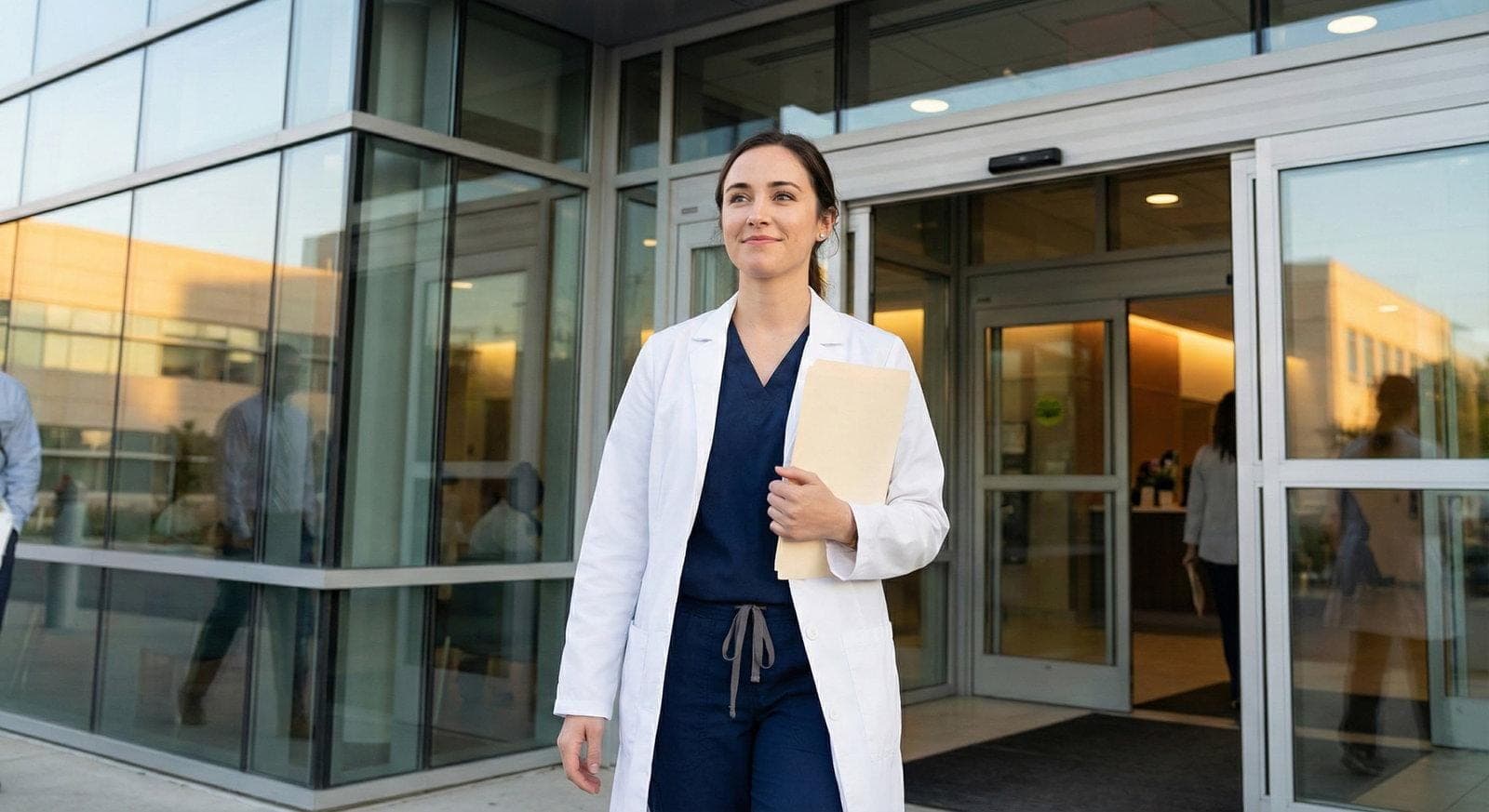 counselling for doctors and Areas of Support for Nursing Professionals Doctor finishing work and leaving the hospital while maintaining a calm, balanced appearance.