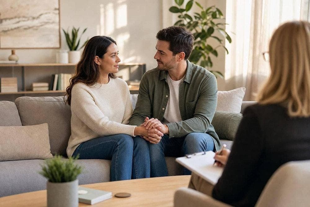 relationship counselling online Couple on one side, counselor or conversational setting on the other, with enough empty space for your heading 