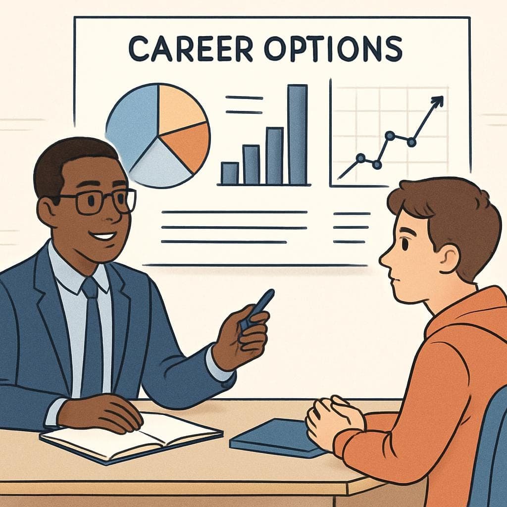 Career Guidance for Graduates and Professionals and career guidance service For sections such as “What Does a Career Guidance Counselor Do?”, a simple counselor-and-student conversation illustration works very well