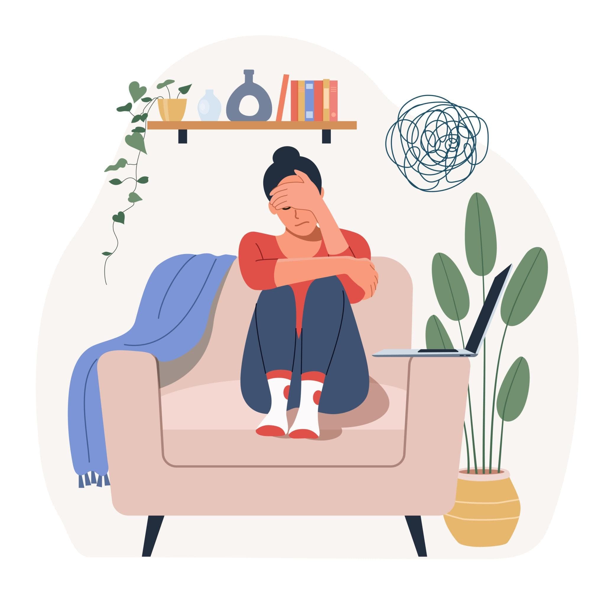 Exhaustion can also be emotional, A woman sitting quietly by a window, knees slightly drawn up, looking thoughtful and emotionally tired. A laptop and phone are nearby, but she has stepped away from them. Soft sunlight, plants, simple room.