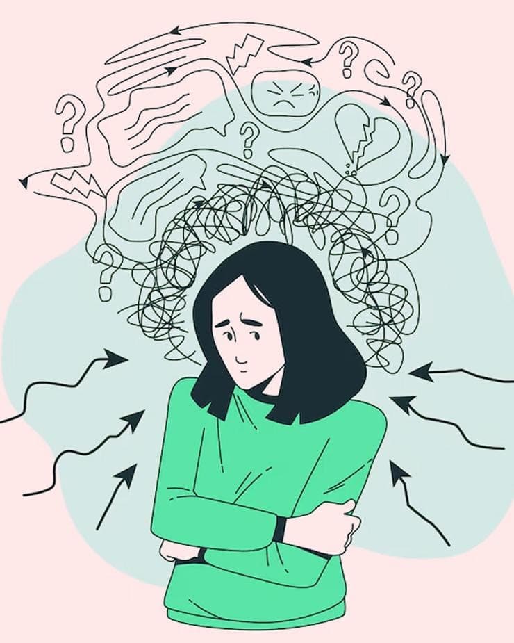 Signs of emotional exhaustion, A professional sitting at a desk with a laptop, coffee and notebook. Around their head are simple floating illustrations of emails, a clock, conversations and multiple thoughts.