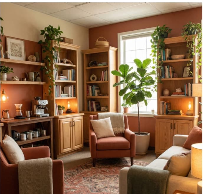 A warm, book-lined room set up for counselling